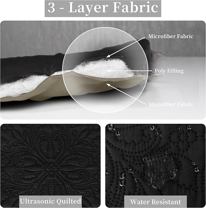 Easy-Going King Size Reversible Quilt Set with 1 Quilt and 2 Pillow Shams, Soft Bed Quilt Cover, Water Resistant Lightweight Microfiber Bedspread, Stain Resistant, Damask-Black/Beige