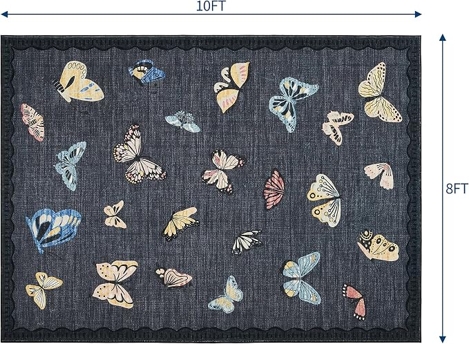 GarveeHome Butterfly Area Rug 8x10, No Slip Washable Rug, Modern Bedroom Rug Under Bed Ultra Carpet, Low-Profile Rugs for Living Room Bedroom Dining Room, Black