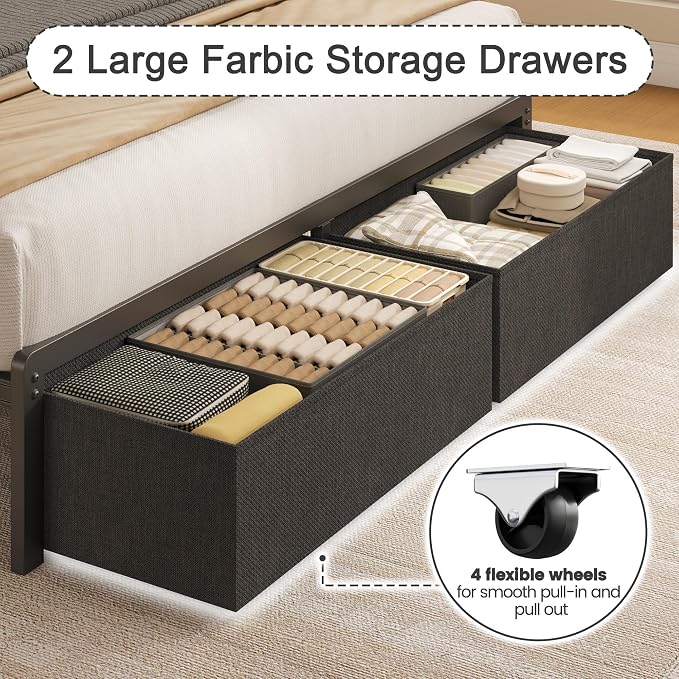 Fluest Twin Bed Frame with Storage Drawers, Upholstered Headboard with Charging Station, LED Lights, Fabric Drawers with Wheels, Under Bed Storage, No Box Spring Needed, Easy Assembly, Black
