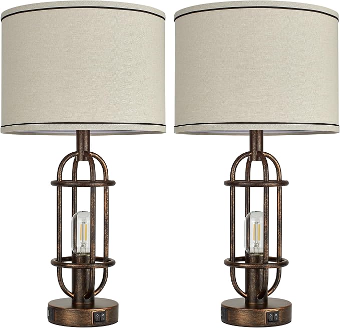 Reaketon Table Lamps for Living Room Set of 2, 22.3" Farmhouse Lamps for Nightstand, Industrial Table Lamps for Bedroom with USB Ports, Retro Bronze