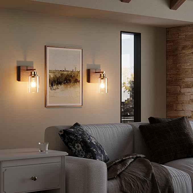 Rayogale Wireless Battery Operated Wall Sconce Set of 2 with Remote Control | Gold & Walnut Dimmable Rechargeable Wall Lights with Timer, Easy Install Glass Lamp for Living Room Bedroom, Emergency 3000K