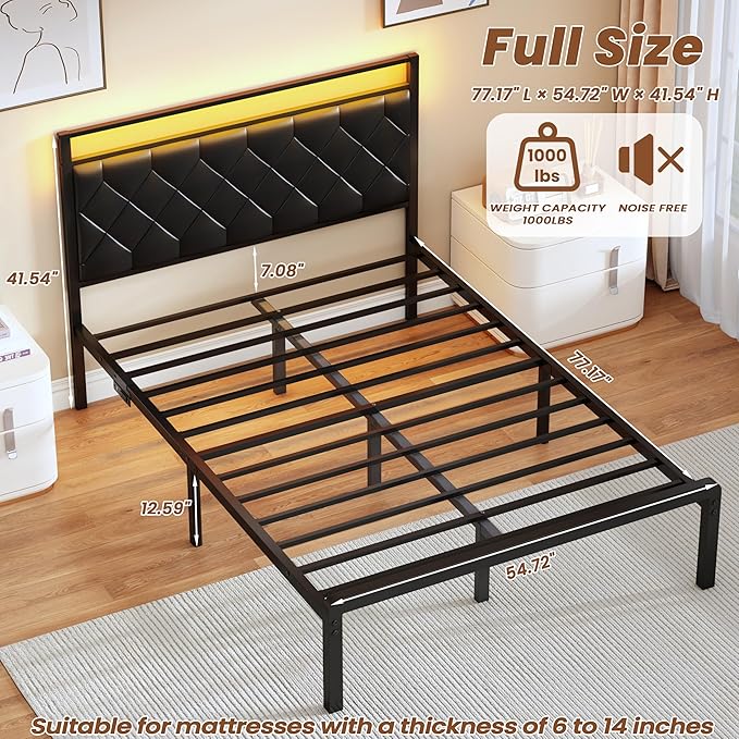 Full Size Bed Frame with Headboard, Modern Metal Bed Frame with LED Lights & Charging Station, PU Leather Upholstered Headboard, All Metal Slats Support, No Boxing Spring Needed, Noise Free, Black