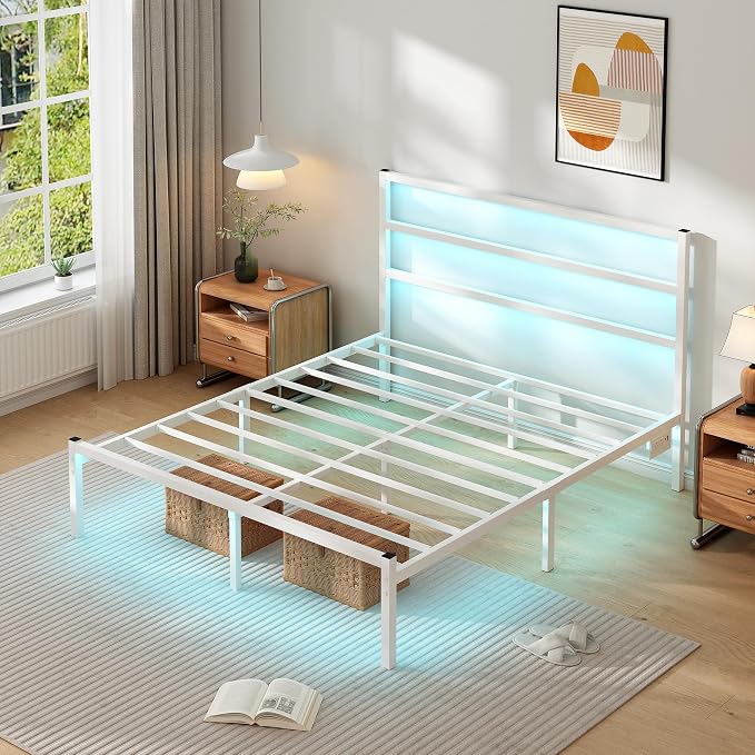 CLIBFENG Queen Size Bed Frame with Headboard,Heavy Duty Steel Slats Support-LED Bed Frame with USB Charging Station,Mattress Foundation-Under Bed Storage,No Box Spring Needed,Noise Free,White