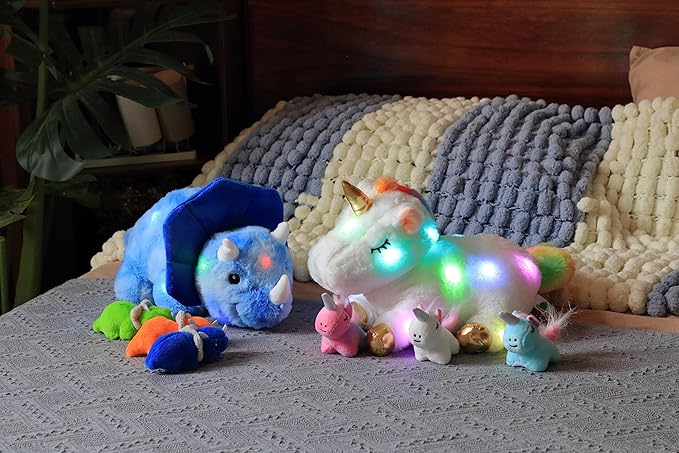 Hopearl LED Musical Stuffed Dinosaur Playset Lighting Up Singing Plush Toy Mommy Triceratops with 3 Babies in her Tummy Adjustable Volume Lullaby Animated Soothe Gifts for Toddlers Boys, Blue, 15”