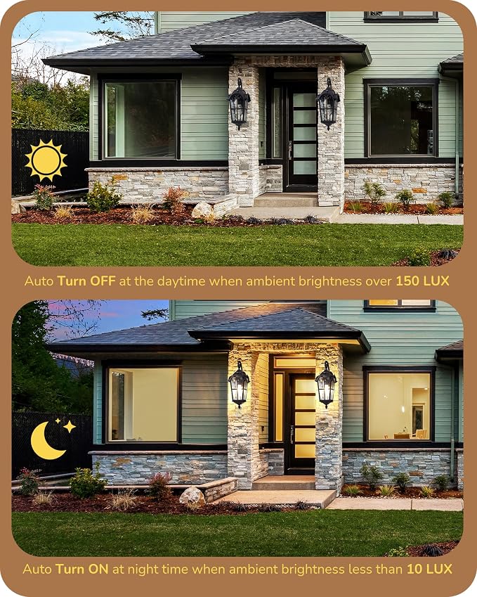 EDISHINE Dusk to Dawn Outdoor Wall Light, Roman Large Size Exterior Lantern Fixtures, E26 Base, Waterproof Porch Lights Wall Mount, Black Outside Wall Sconce, 2 Pack