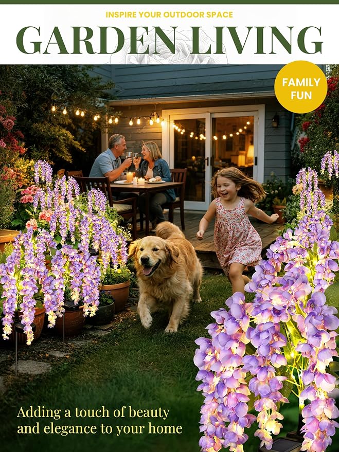 GIGALUMI 3 Pack Solar Wisteria Flowers Outdoor, 2 Modes, Purple | Flower Lights, IP65 Waterproof, Auto On/Off, Solar Powered, Garden Decor, for Pathway, Yard, Patio, Gardening Gifts for Women