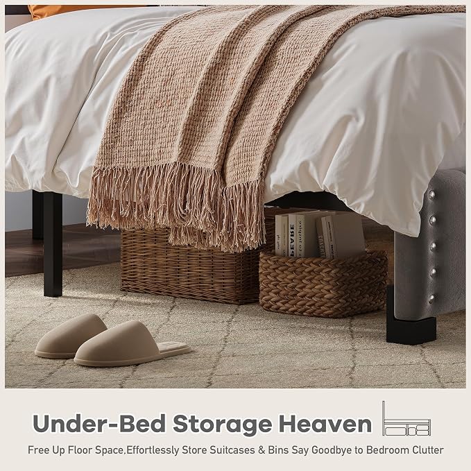 EnHomee Full Size Bed Frame with LED Lights & USB, Noise-Free, Grey | Adjustable Velvet Headboard，Under-Bed Storage，Heavy Duty Support with 12 Slats，No Box Spring Needed，Easy Assembly for Bedroom