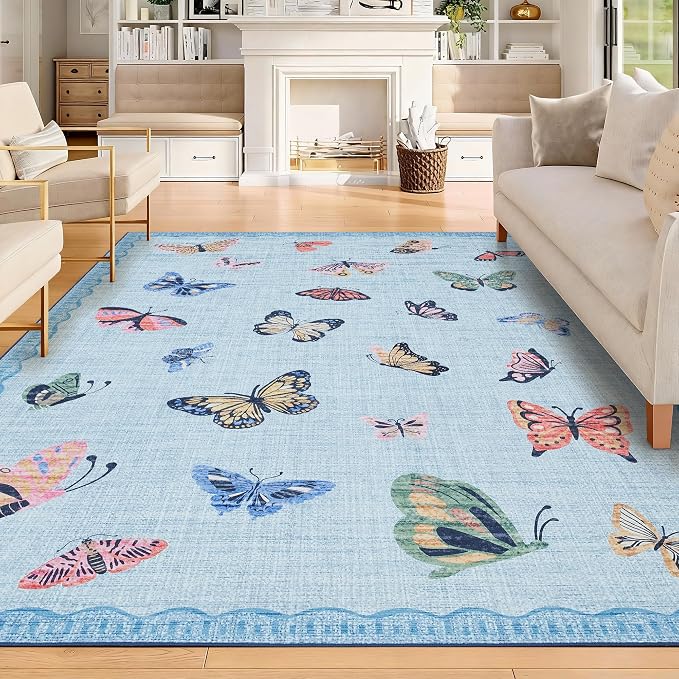 GarveeHome Butterfly Area Rug 9x12, No Slip Washable Rug, Modern Bedroom Rug Under Bed Ultra Carpet, Low-Profile Rugs for Living Room Bedroom Dining Room, Light Blue