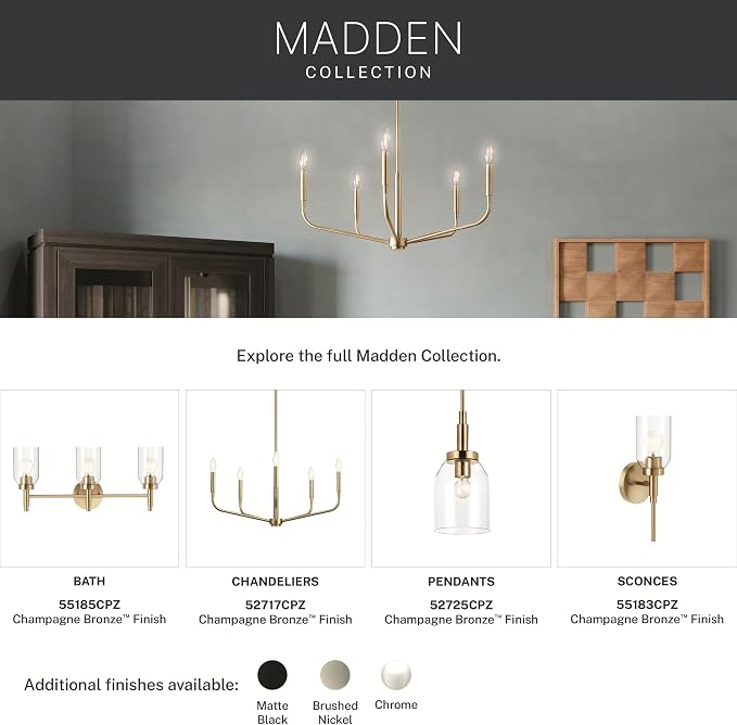 Kichler Madden 1-Light Bathroom Wall Light, Champagne Bronze | Modern wall light with clear glass for bathrooms and hallways (14.75" x 5"), 55183CPZ