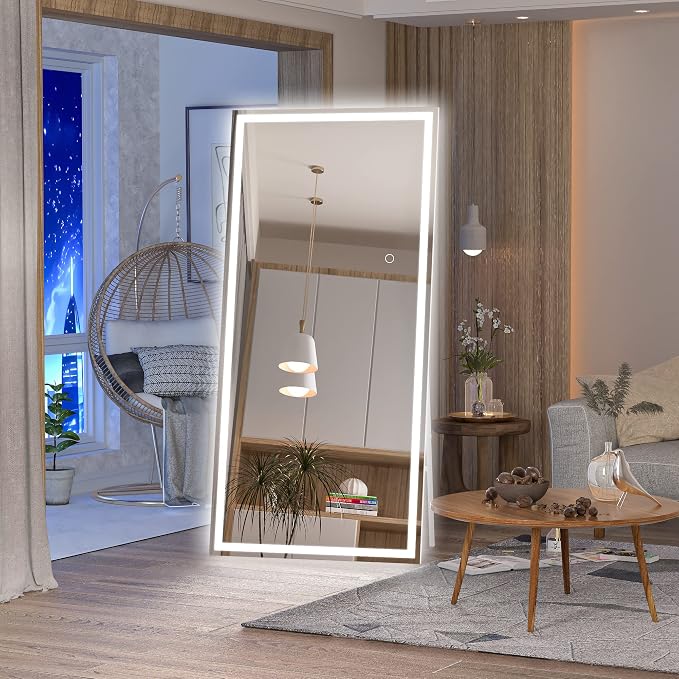 Hasipu Full Length Mirror with Lights, 71" x 32" LED Lighted Floor Standing, Full Body Dressing Hanging Mounted Mirror, Tempered Glass, Square White
