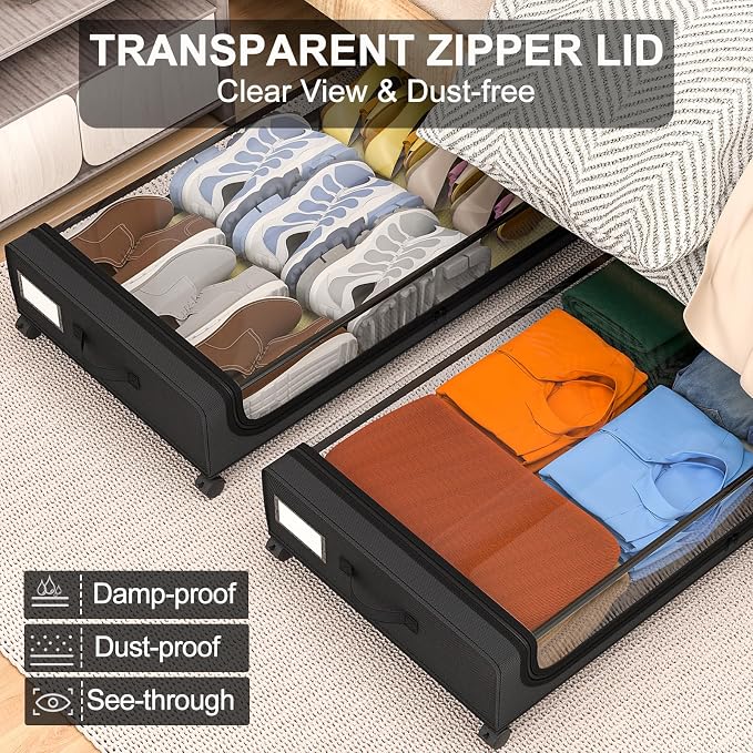 GoMaihe Under Bed Storage with Wheels 70L Black 2-Pack | Rolling Rangement Vetement sous le Lit - Containers for Clothes Shoes in Bedroom - Easy Pull-out