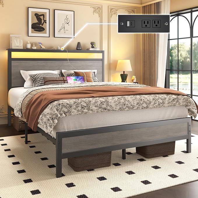 Fluest Full Bed Frame with Headboard & Footboard, Full Bed Frame with Built-in Charging Station & LED Light, Storage Shelf, Noise-Free, No Box Spring Needed, Easy Assembly, Rustic Grey