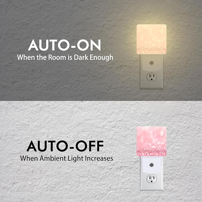 Pink Glitter Night Light,Plug into Wall with Dusk to Dawn Light Sensors,LED Nightlights for Bedroom,Bathroom,Kitchen,Hallway,Room Decor for Boys Girls Women Men
