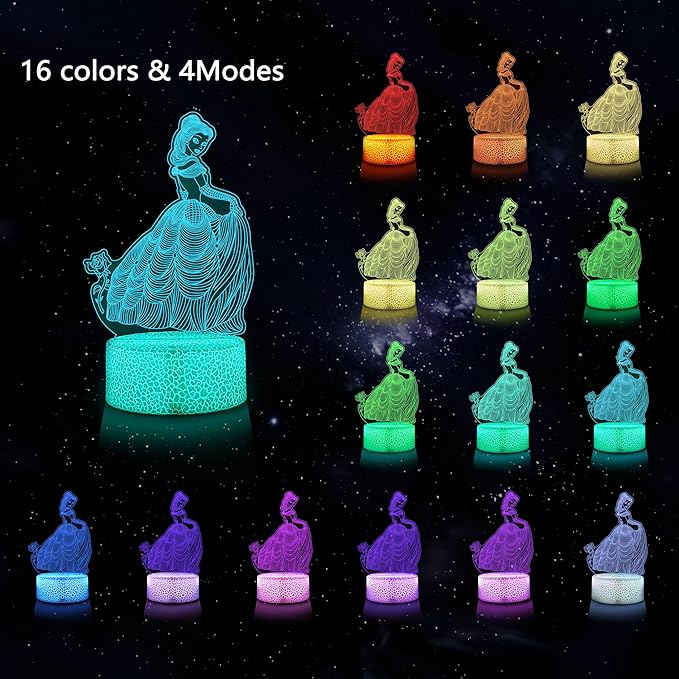 Princess 3D Night Light with Remote - 3 in 1 Interchangeable Acrylic Panels, 16 RGB Colors 4 Modes, USB/Battery(Not Included), Christmas Gift for Girls, Princess Bedroom Decor