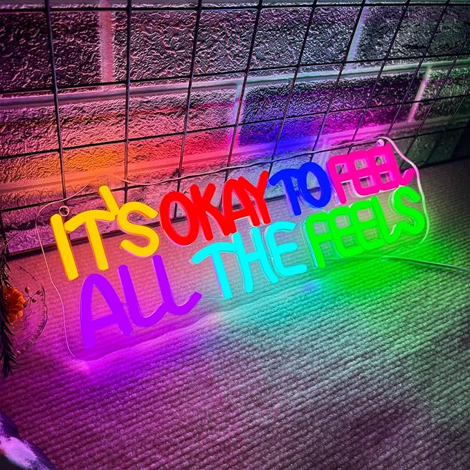 It's Okay To Feel All The Feels Neon Sign LED Wall Sign for Classroom Decor, Dimmable USB Powered Therapy Room Art Bedroom Classroom Backdrop Sign Gift for Teacher 15.7x5.5 Inch