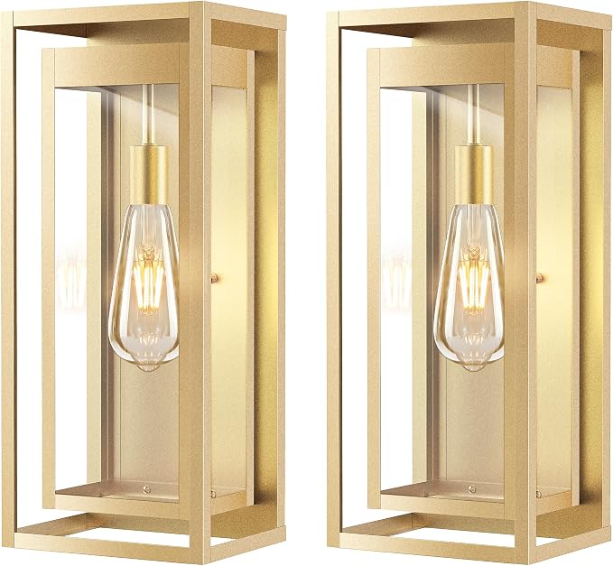 19" Large Outdoor Wall Light Fixtures, Gold Porch Light, 2 Pack | Large Size, Anti-Rust, Waterproof, Tempered Glass, Easy Installation, Modern Exterior Sconces for House Garage