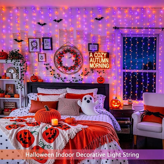 JMEXSUSS 200 LED USB Plug in Orange and Purple Halloween Lights | 6.5ft x 6.5ft, 8 Modes Curtain Halloween Lights with Remote, Curtain String Lights for Party Bedroom Window Halloween Decor