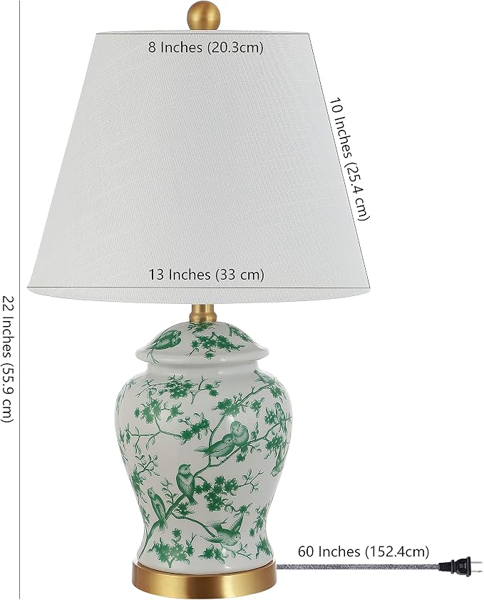 JONATHAN Y Penelope Ginger Jar 22" LED Table Lamp, White/Green | Chinoiserie, Ceramic Metal Construction, French Country Traditional, Linen Empire Shade, Brass Gold, LED Bulb Included