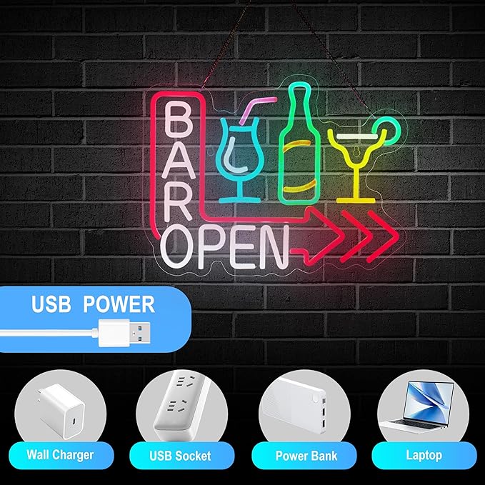 Bar Open Neon Sign for Wall Décor Dimmable USB Open Beer Bar LED Light for Pub Business Decor