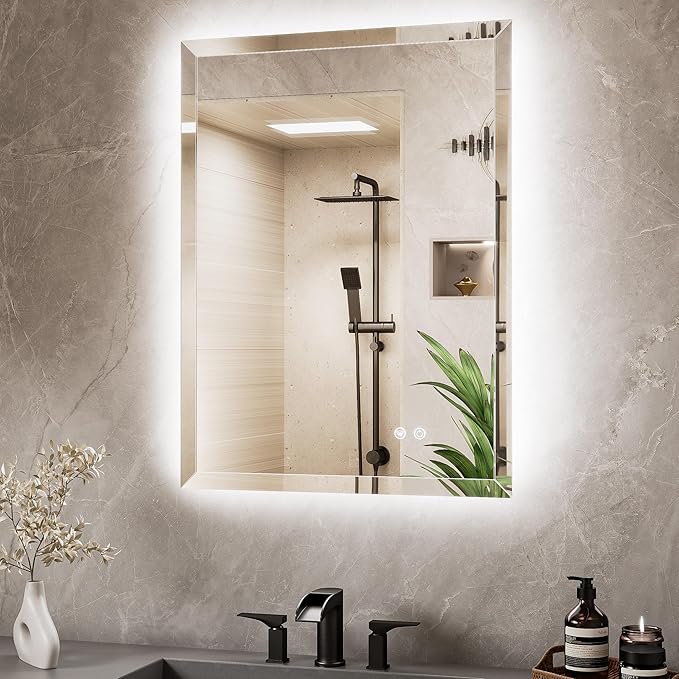 TETOTE 24 x 32 LED Mirror Backlit, Beveled Bathroom Mirror Backlight, Safe Tempered Glass, 3 Color Temperature, Defogger, Adjustable Brightness, Smart Bathroom Mirror, Lighted Vanity Mirrors for Wall