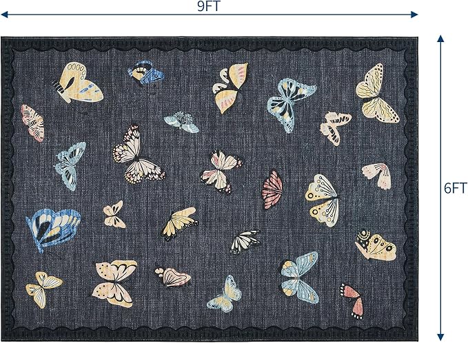 GarveeHome Butterfly Area Rug 6x9, No Slip Washable Rug, Modern Bedroom Rug Under Bed Ultra Carpet, Low-Profile Rugs for Living Room Bedroom Dining Room, Black