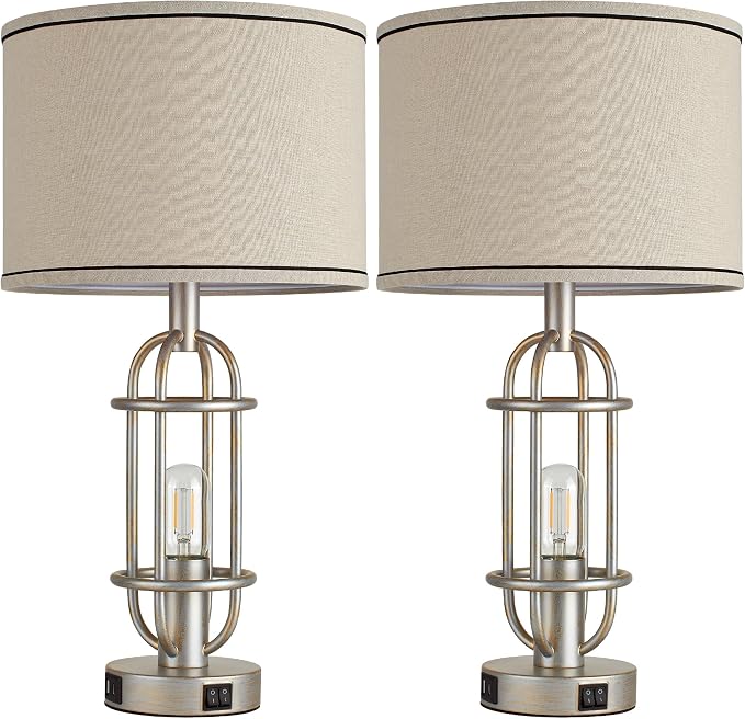 Reaketon Table Lamps for Living Room Set of 2, 22.3" Farmhouse Lamps for Nightstand, Industrial Table Lamps for Bedroom with USB Ports, Bulbs Included