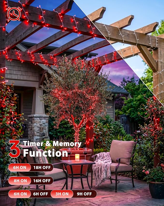 33FT 100 LED Red Christmas Valentine's Day Twinkle String Lights | Remote Control, 13 Modes with Memory, 4 Dimmable Brightness, 4 speed levels, Connectable, IP65 Waterproof, Transparent Wire
