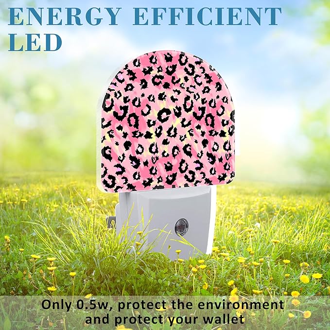 Plug in Night Lights Pink Watercolor Leopard Skin Nightlight Plug Into Wall Dusk to Dawn Sensor LED Night Light for Kid Girls Boys Room Decor, Hallway, Kitchen, Bathroom, Nursery, Stairs