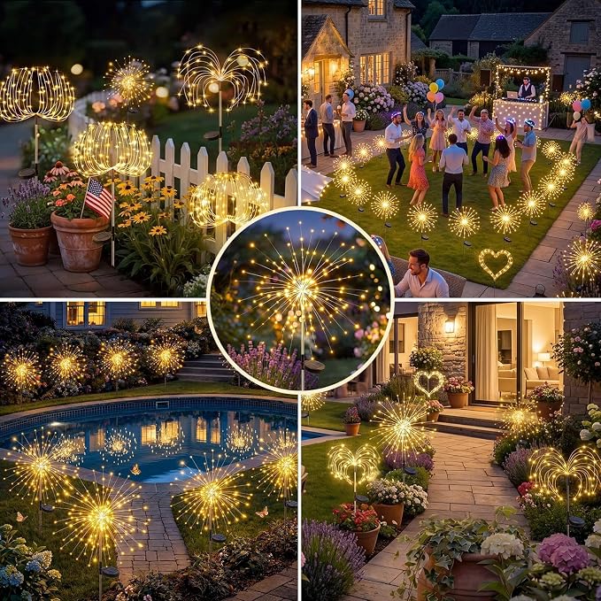 Solar Firework Light, 1 Pack 120 LEDs 8 Lighting Modes Solar Fairy Garden Lights Outdoor Waterproof for Yard Patio Walkway Pathway Party Wedding Balcony Decorative- Warm White