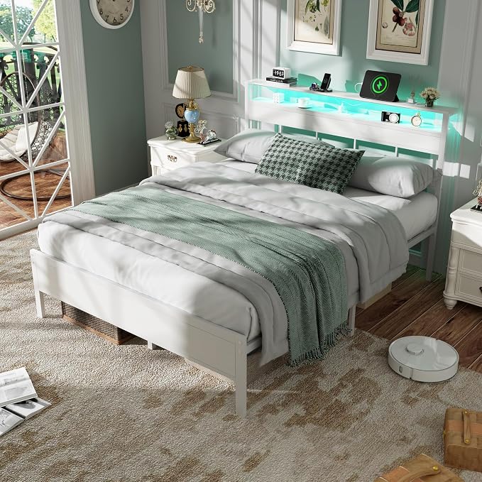 Queen Bed Frame White,Storage Headboard,Charging Station & RGB LED | 2-Tier Wood Shelves, Metal Support Slats, Noise-Free, No Box Spring. 12.6" Under-Bed Clearance. USB & Type-C, Easy Assembly.