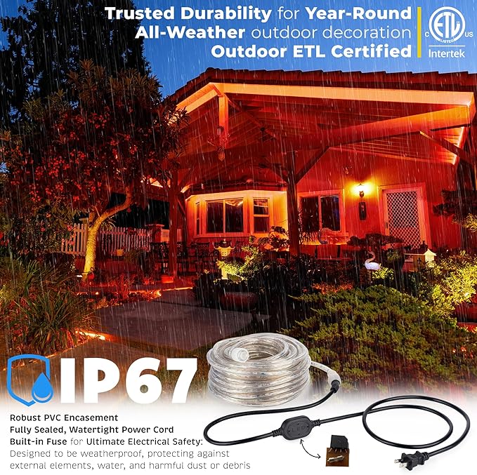WYZworks 288LEDs, 25ft LED Outside Rope Lights, Waterproof Permanent Outdoor ETL Certified Connectable Clear Tube, Christmas Palm Tree Holiday Decorative Landscape Patio Accent Lighting - Orange