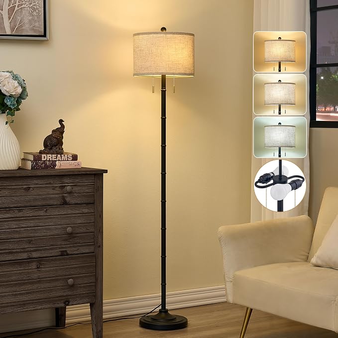 Upgraded 2-Light Mid Century Modern Black Floor Lamp for Living Room | 63.5'' Tall Floor Lamp with 3 Color Temp Bulbs, Living Room Lamp with Chain Switch, Standing Lamp for Bedroom, Office, Corner
