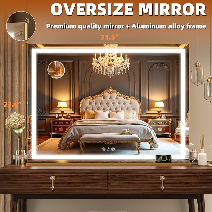 Hasipu Vanity Mirror with Lights, 32" x 24" LED Makeup Mirror, Lighted Makeup Mirror with Dimmable 3 Modes, Touch Screen Control Vanity Mirror Square Gold