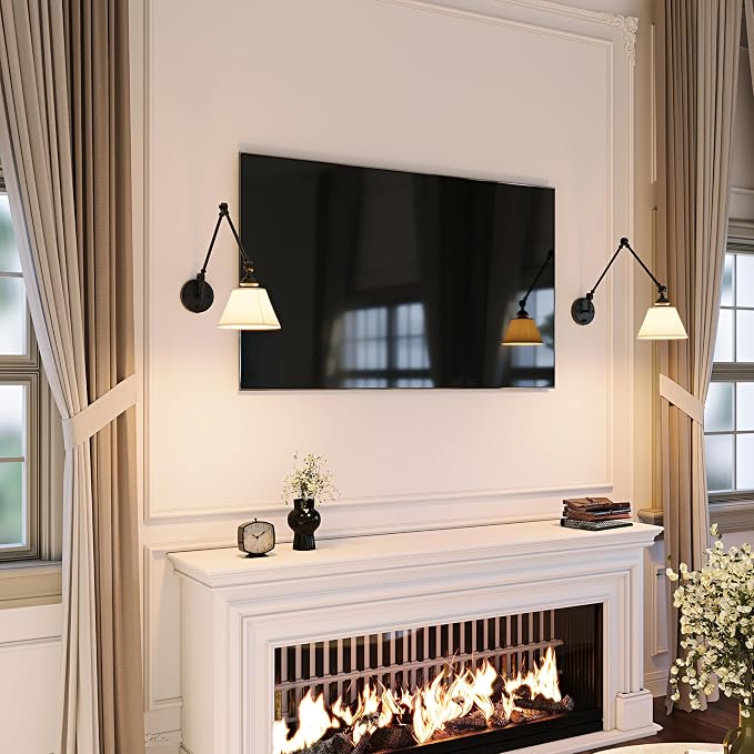 Plug in Wall Sconce, Black Adjustable Swing Arm Wall Lamp, 1 Pack | Fabric Lampshade, Plug-in or Hardwired, E26 Base, 6.6FT Plug-in Cord, Knob Switch, Living room, bedroom, study room, office