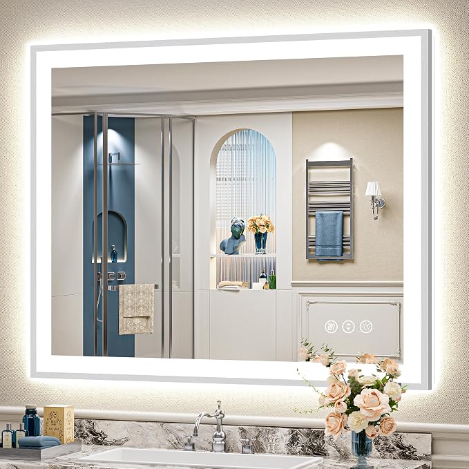 48x40 Inch Brushed Nickel LED Bathroom Mirror, Backlit & Front Lit | Silver Framed Anti-Fog Lighted Vanity Mirror with Lights, 3 Color Dimmable, Memory, HD Tempered Glass, CRI95, IP54, UL Listed