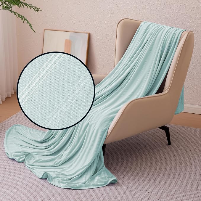 Amazon Basics Striped Cooling Blanket for Hot Sleepers, Reversible Lightweight Thin Throw Blanket for Bed, Couch and Sofa, Queen (90" x 90"), Cyan Striped