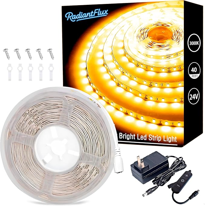 RadiantFlux 40ft Warm White LED Strip Lights, Dimmable Super Bright 600 LEDs Flexible Tape Lighting for Bedroom, Kitchen, Vanity Mirror & Home Decor, Ideal House Warming Gifts for New Home