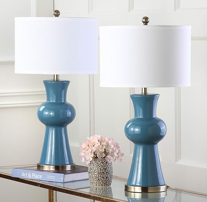 Safavieh Lighting Collection Lola Column Blue and White Table Lamp, Set of 2