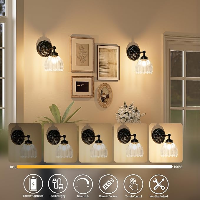 Battery Operated Wall Sconce, Vintage Wall Light, 2 Pack, Clear Tulip Glass | Black Metal Base, 5200mAh Rechargeable, Dimmable LED, Remote Control, Cordless, Bedside, Bedroom, Doorway, Living Room