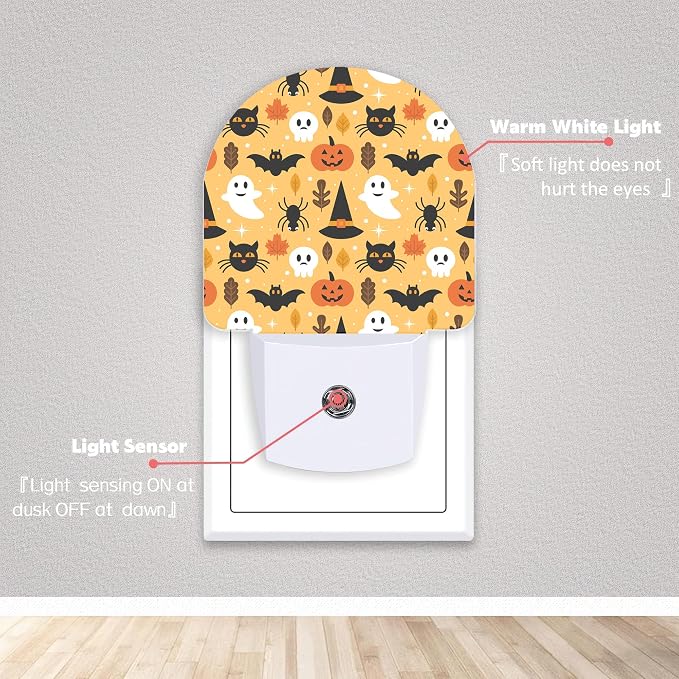 Halloween Ghost Skull Pumpkin Cat Night Lights Plug into Wall for Girls Boys Room,Night Light LED Lamp Dusk to Dawn Sensor Round Lamp for Bedroom Bathroom Hallway Home Wall Decor