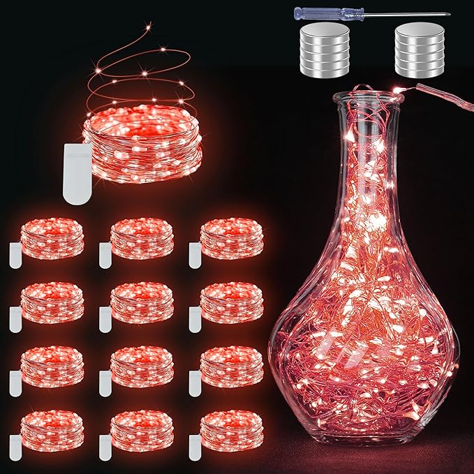 12 Pack Fairy Lights Battery Operated String Lights - 7ft 20 LED Waterproof Silver Wire Firefly Lights for DIY Wedding Décor Table Centerpieces Craft Mason Jars Party Decor(RED)