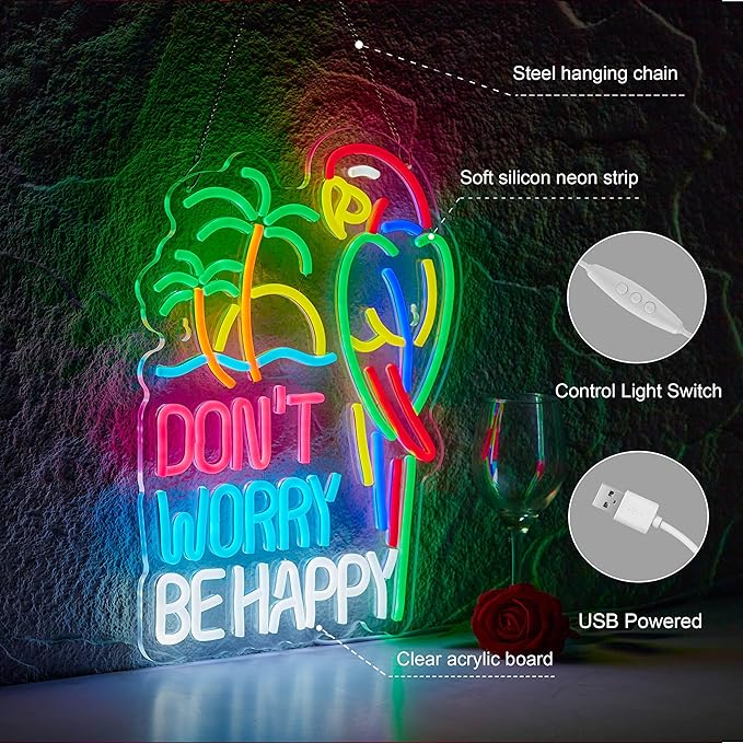 Don't Worry Be Happy Neon Sign for Wall Décor Dimmable USB Beer Bar LED Neon Light Compatible With Timer for Tiki Bar Decor Man Cave Parties Gift