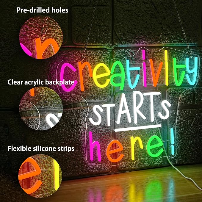 Creativity Starts Here Neon Sign Positive Quote Led Sign Colorful Letter Neon Light for Art Studio Business Office Party Classroom Decor(16.54 * 12.6In)