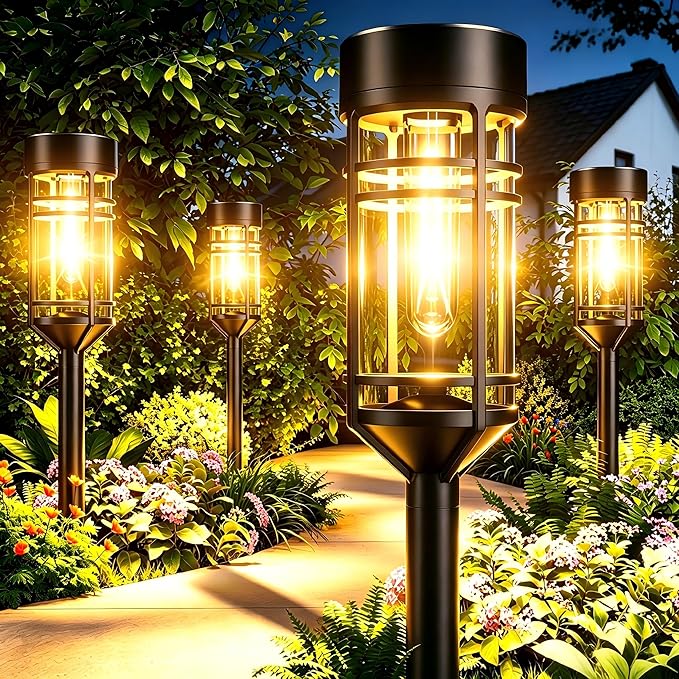 Amzarp 2 Pack Solar Garden Lights, Outdoor Bright LED Solar Pathway Lights | IP65 Waterproof Rugged Shatterproof Auto On/Off for Landscape Garden Yard Walkway Driveway Lawn Lighting（3000K Warm White）