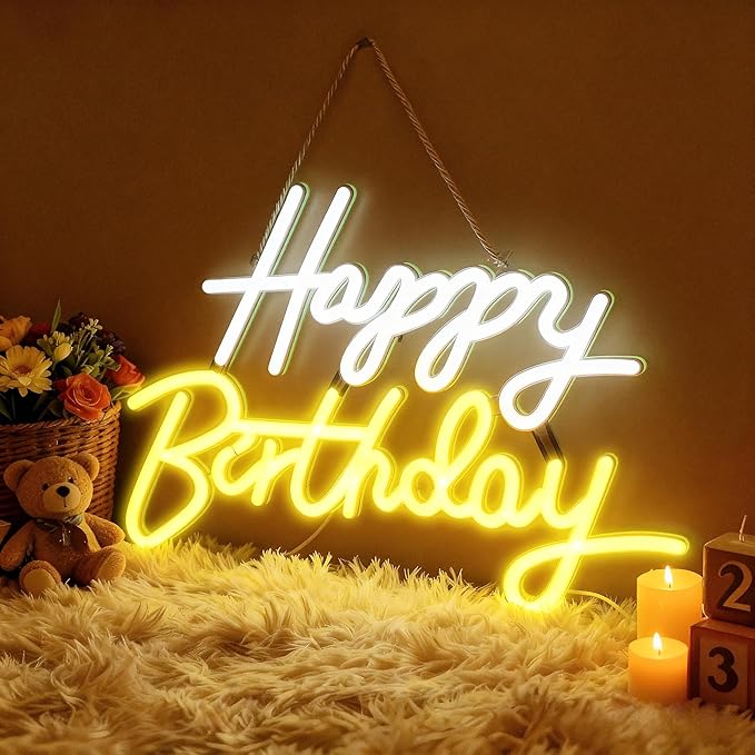 Happy Birthday Neon Sign, Neon Sign for Wall Decor, USB Powered Dimmable Neon Light, LED Happy Birthday Light Up Sign for Party, Perfect for Backdrop Birthday Party Decoration, White and Yellow