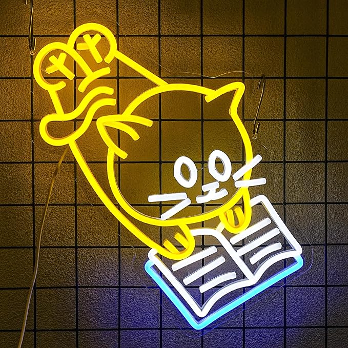 Cat Reading Book Neon Sign Reading Cat Neon Lights for Wall Decor Adorable Cat Neon Signs Dimmable Read Book LED Neon Sign for Classroom Library Children Studying Room Bedroom Decoration