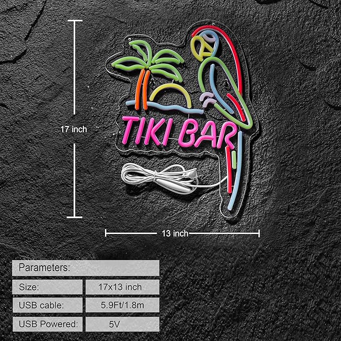 ZODZ Tiki Bar Parrot Neon Light Sign for Wall Décor Hawaii Pool Tiki Bar Party Dimmable Switch LED Lights with USB Powered for Man Cave Decor Gift.