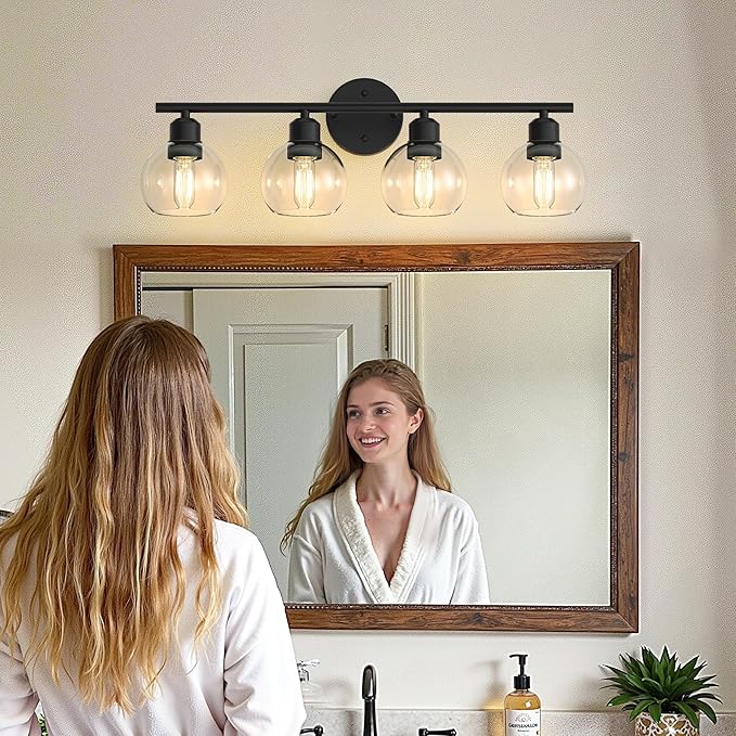 L LOHAS LED Black Bathroom Light Fixtures Over Mirror, 4-Light Vanity Light Fixtures with Clear Globe Glass Shades, Modern Vanity Lights for Bathroom Living Room Hallway Bedroom