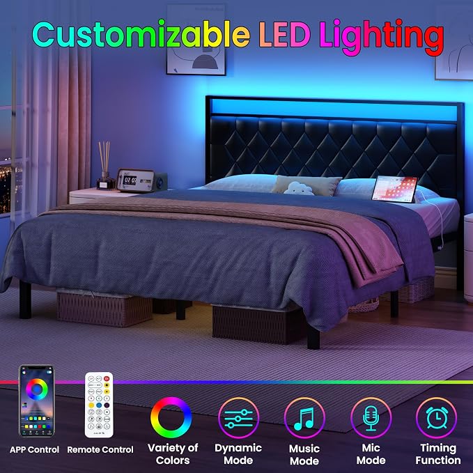 King Size Bed Frame with Charging Station, LED Light and PU Leather Upholstered Headboard, Platform Bed Frame with Under-Bed Storage, Easy Assembly, Noise Free, No Box Spring Needed, Black