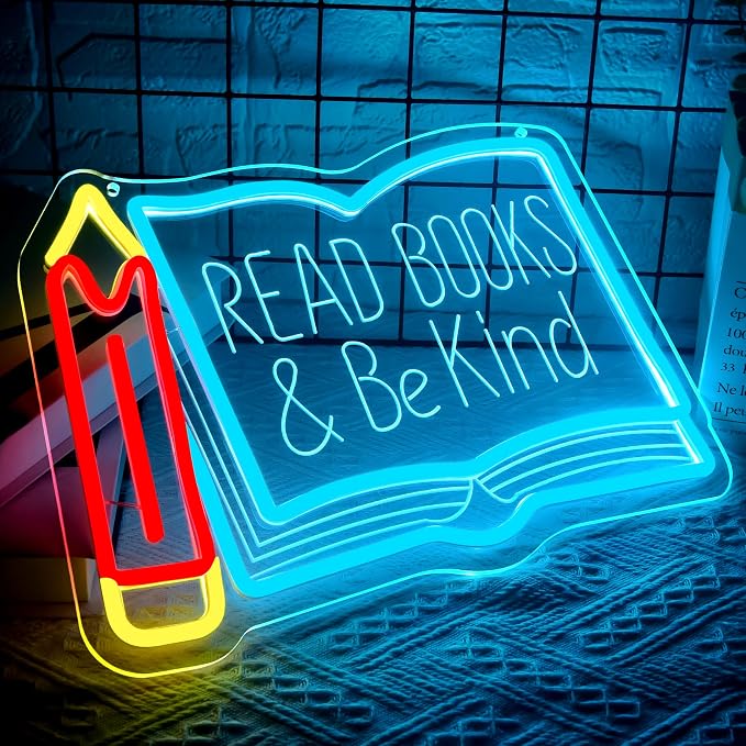 Read Books Be Kind Neon Sign for Wall Decor Reading Neon Light Study Room | Dimmable Led Neon,Teen Birthday Reading Gifts,5V USB Powered,Bookstore Bedroom Decor, Classroom Library Wall Art,13.7*10in